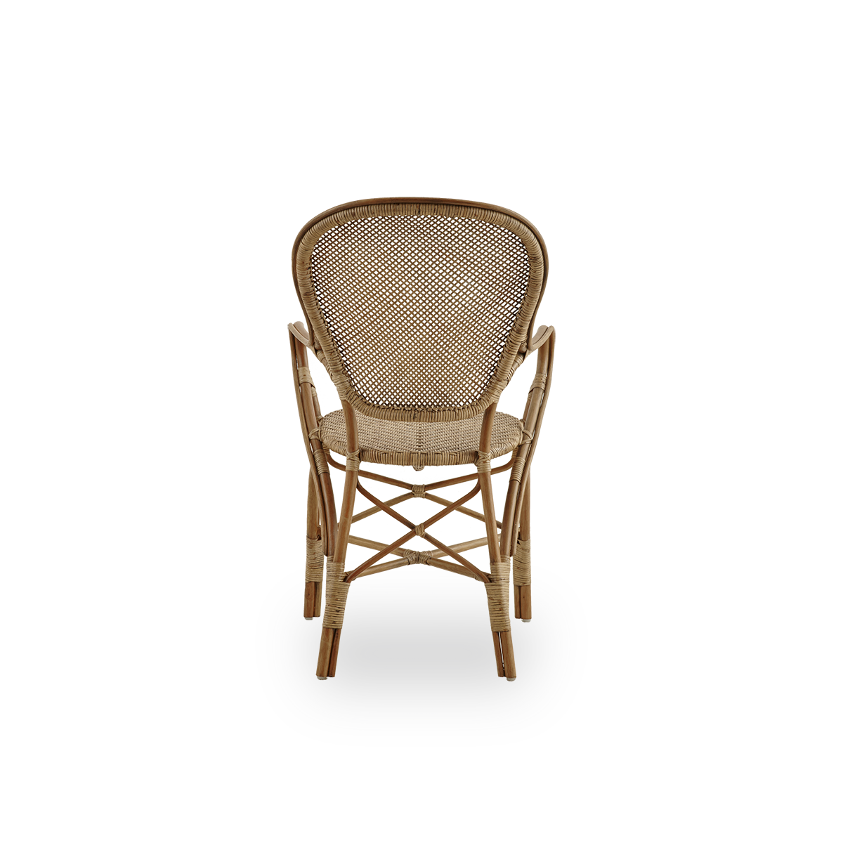 Plain back view of Rossini dining armchair in antique brown color. Elegant wicker chair with round backrest and armrests in simple design. Handcrafted from high quality rattan.
