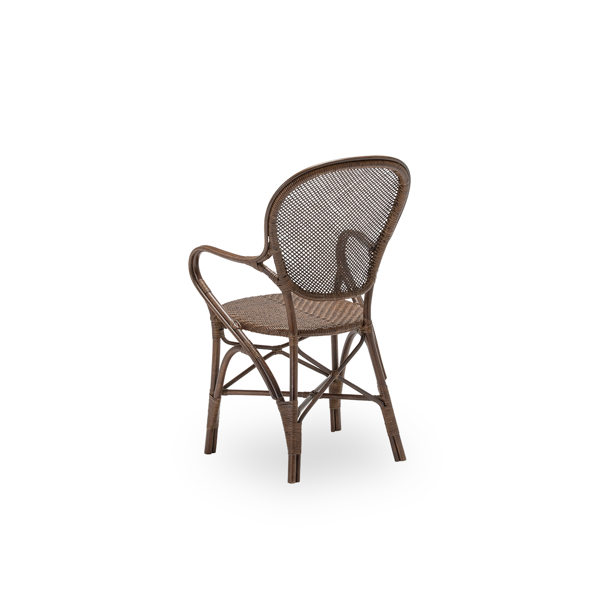 Back side view of the Rossini dining armchair, in brown rattan. Designed in 1993 by Knud Andreasen of Sika-Design together with Japanese designer Yamakawa, it is the brand's signature chair. Handcrafted from high-quality Indonesian rattan.
