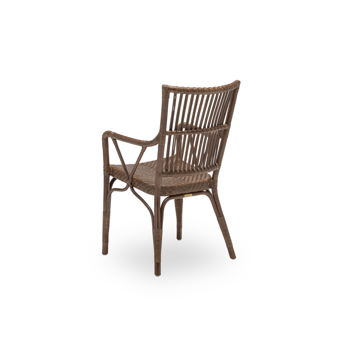 Back side view of the Piano dining chair, in brown rattan. Danish design from Sika-Design's Originals collection, where the detailed wicker windings give the chair its character. Handcrafted from high-quality Indonesian rattan.