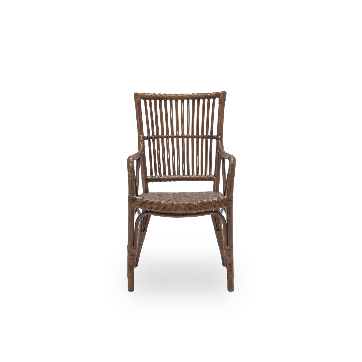Front view of the Piano dining chair, in brown rattan. Danish design from Sika-Design's Originals collection, where the detailed wicker windings give the chair its character. Handcrafted from high-quality Indonesian rattan.