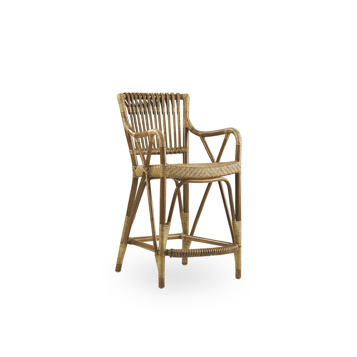 Side view of Blues Counter stool in antique brown color made of Indonesian rattan. Handwoven seat on a rattan frame with rattan back rest.