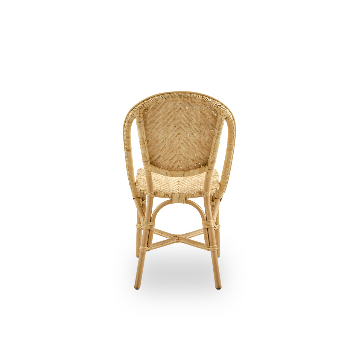 Plain back view of Alanis dining chair in high quality natural rattan, featuring elegant curves and detailed weaving.