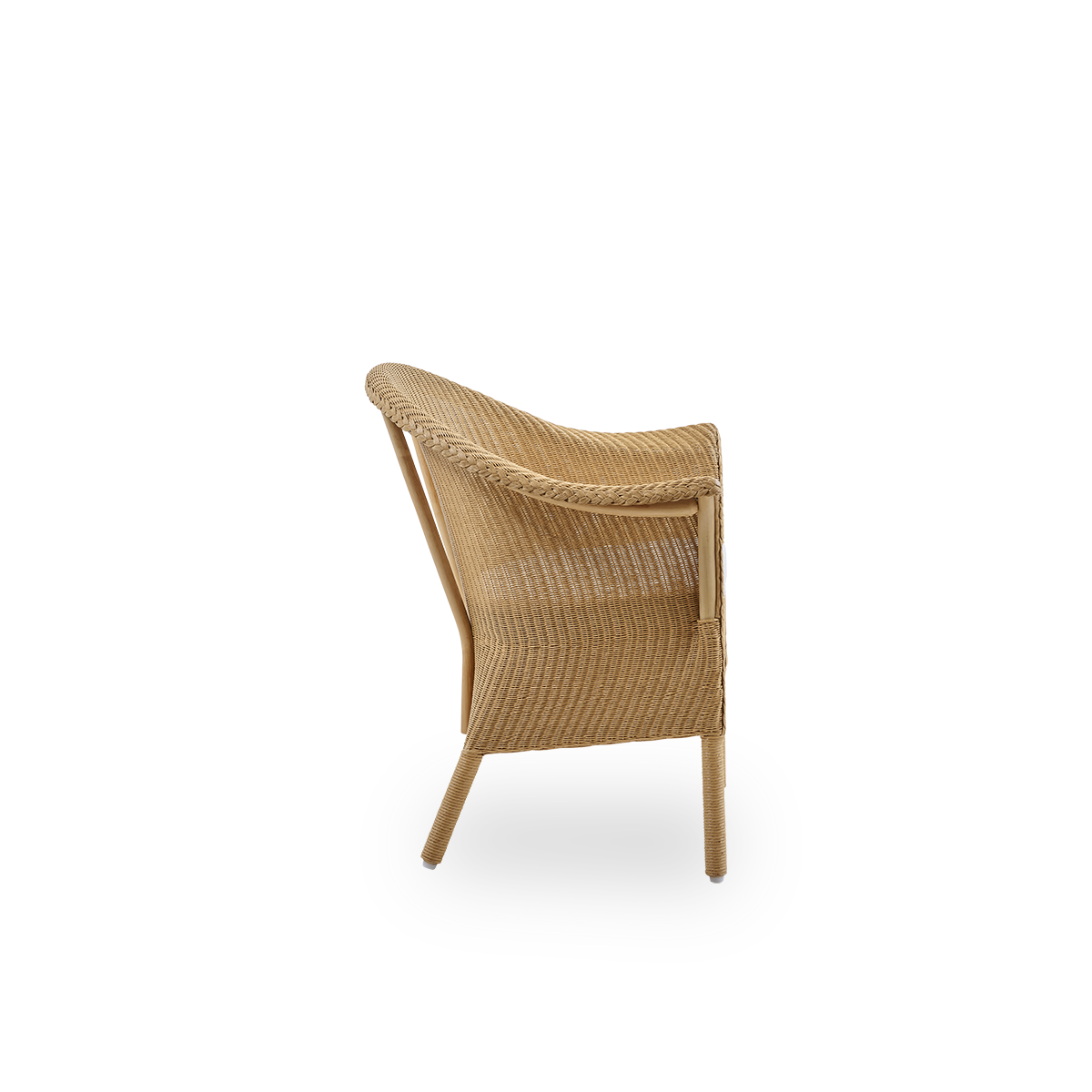 Plain side view of Classic dining chair, a fully woven wicker dining chair handcrafted in Lloyd Loom material. The Classic chair features armrests and a high backrest for extra comfort and support.