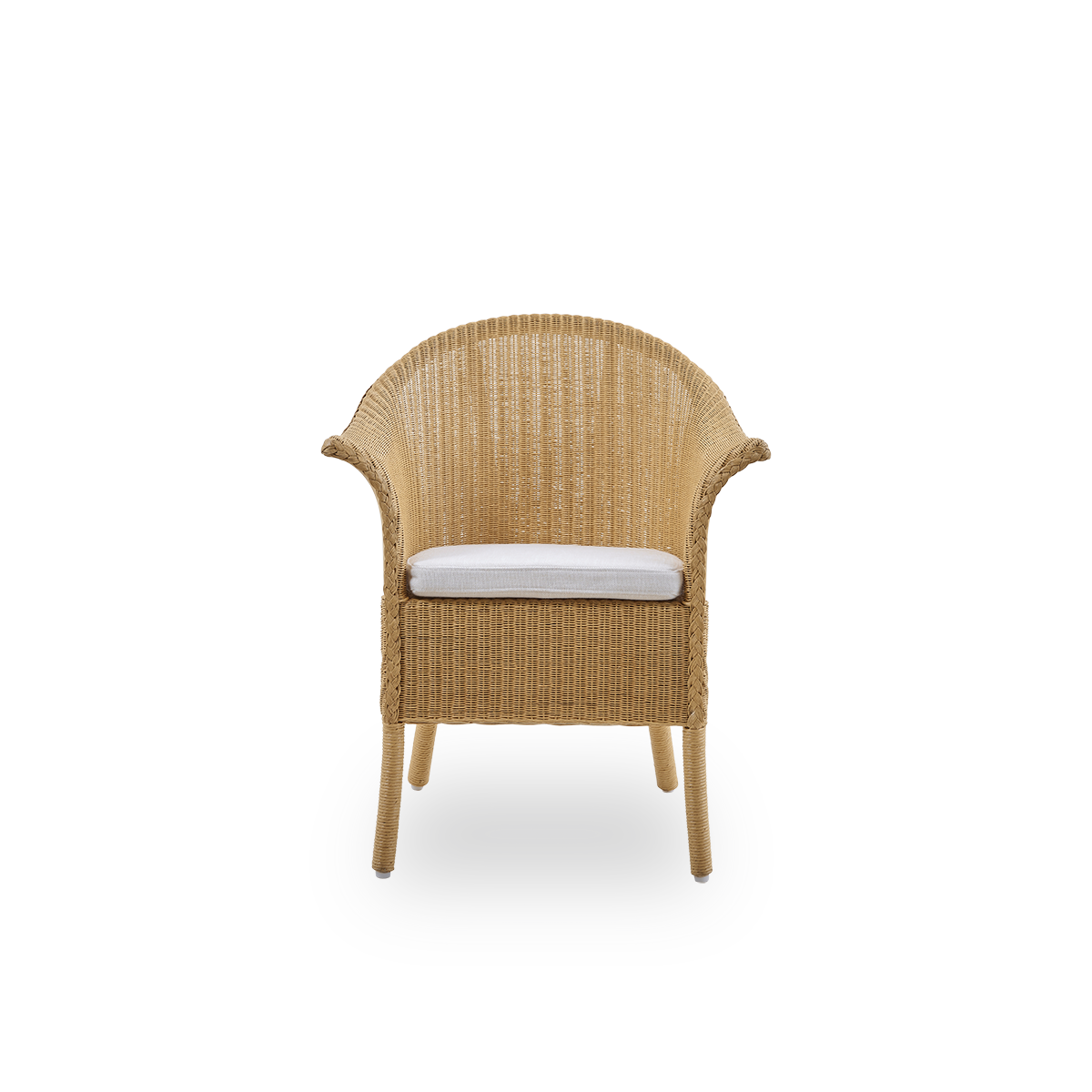 Front view of the Classic dining chair, a fully woven wicker dining chair handcrafted in Lloyd Loom material. The Classic chair features armrests and a high backrest for extra comfort and support.