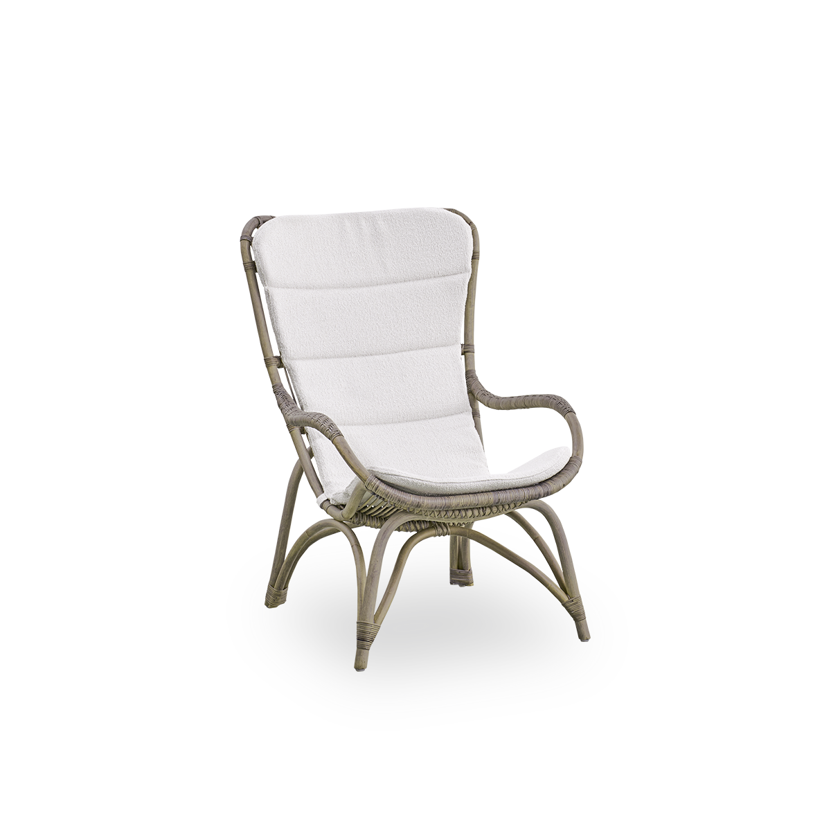 Side view of Monet lounge chair with high backrest and armrests presented in Taupe color. Handcrafted from high-quality Indonesian rattan.