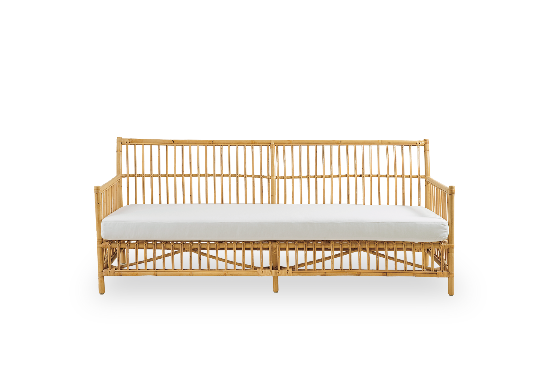 Front view of Caroline 3-seater wicker sofa, simple and elegant Danish design. Handcrafted from Indonesian rattan with detailed woven accents for a cozy, calming presence.