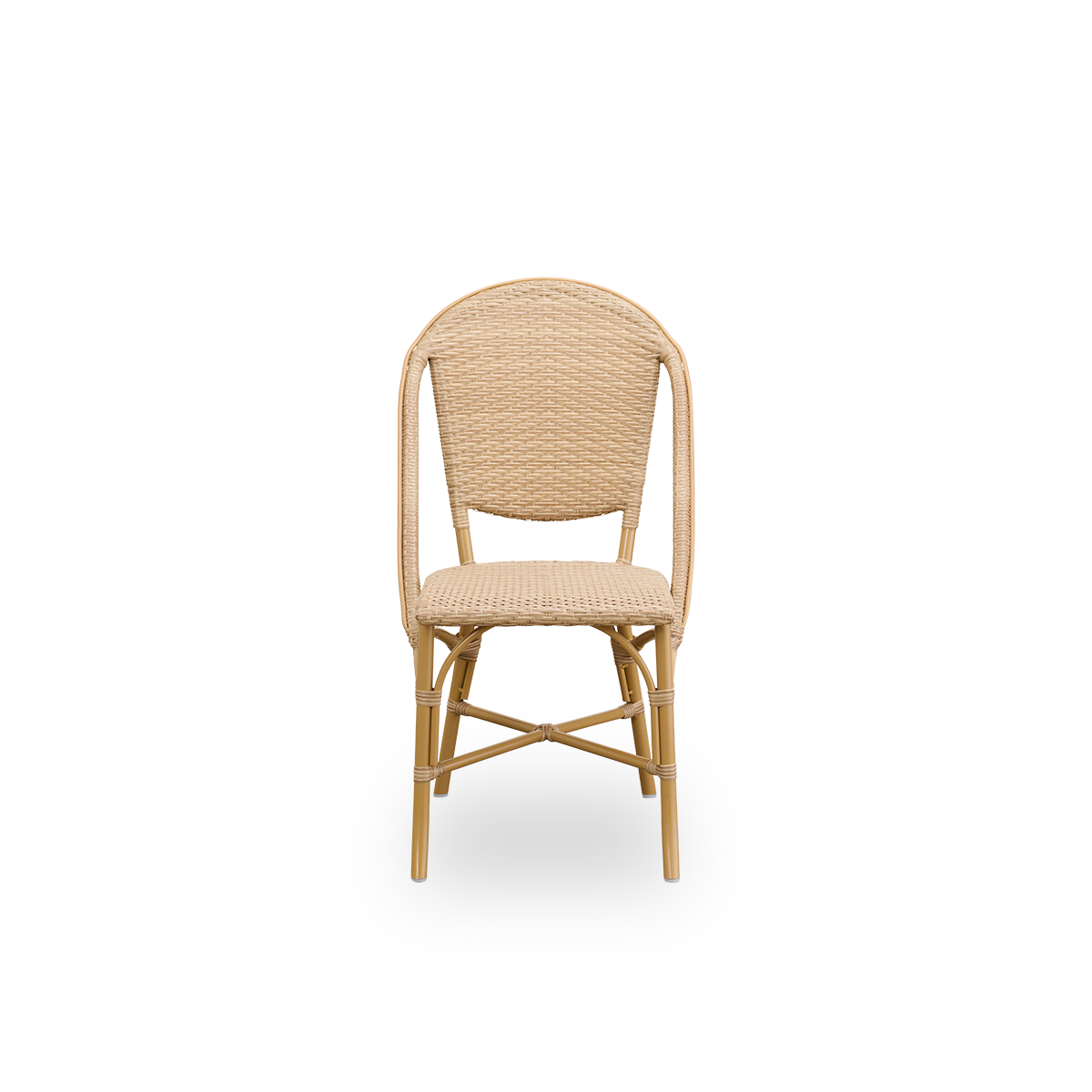 Front view of the Sofie outdoor dining chair inspired by French café style.
Aluminum frame in almond color with fully woven seat and backrest handcrafted in ArtFibre in natural color. Stackable outdoor bistro chair.
