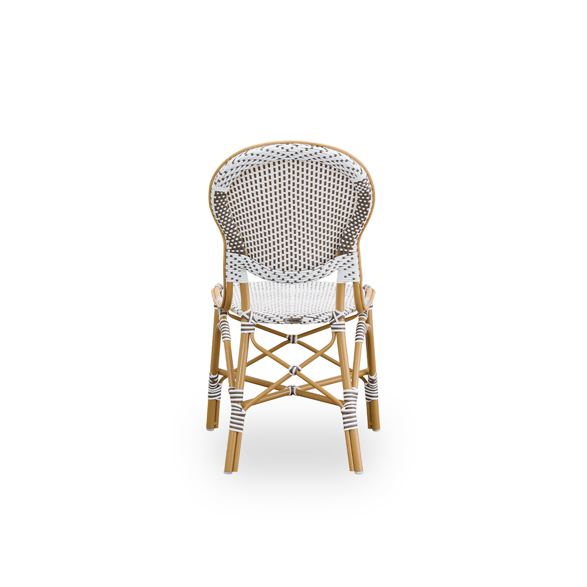 Plain back view of Isabell outdoor dining chair. Almond colored aluminium frame with seat and backrest made in white ArtFibre with brown dots. Inspired by 1950s bistro design.