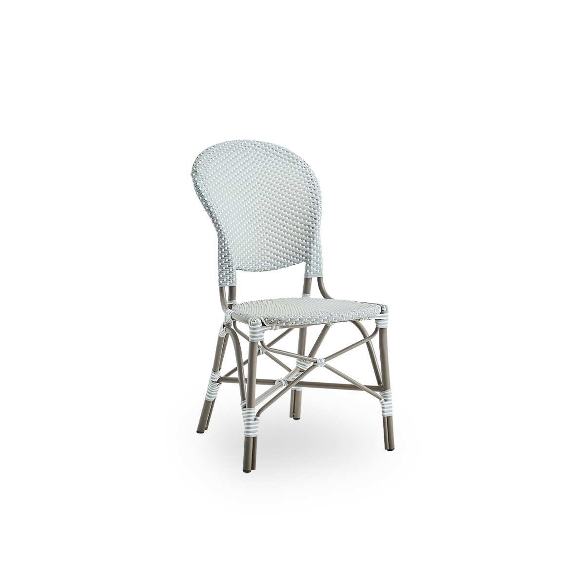 Side view of Isabell outdoor dining chair. Taupe aluminium frame with seat and backrest made in grey ArtFibre with white dots. Inspired by 1950s bistro design.