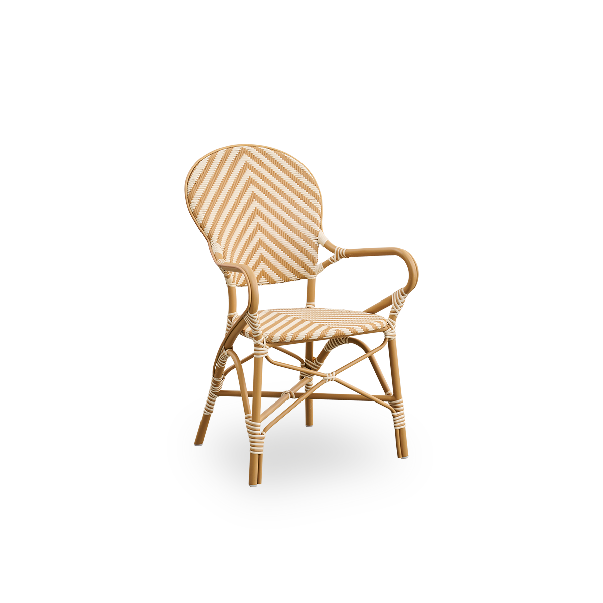 Side view of Isabell outdoor dining armchair. Almond colored aluminium frame with seat and backrest made in ArtFibre in ivory and honey colored herringbone pattern.