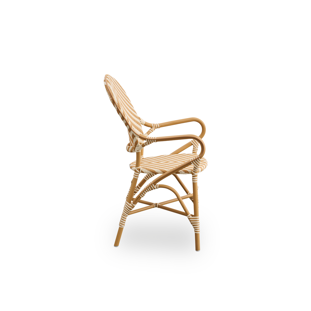 Plain side view of Isabell outdoor dining armchair. Almond colored aluminium frame with seat and backrest made in ArtFibre in ivory and honey colored herringbone pattern.