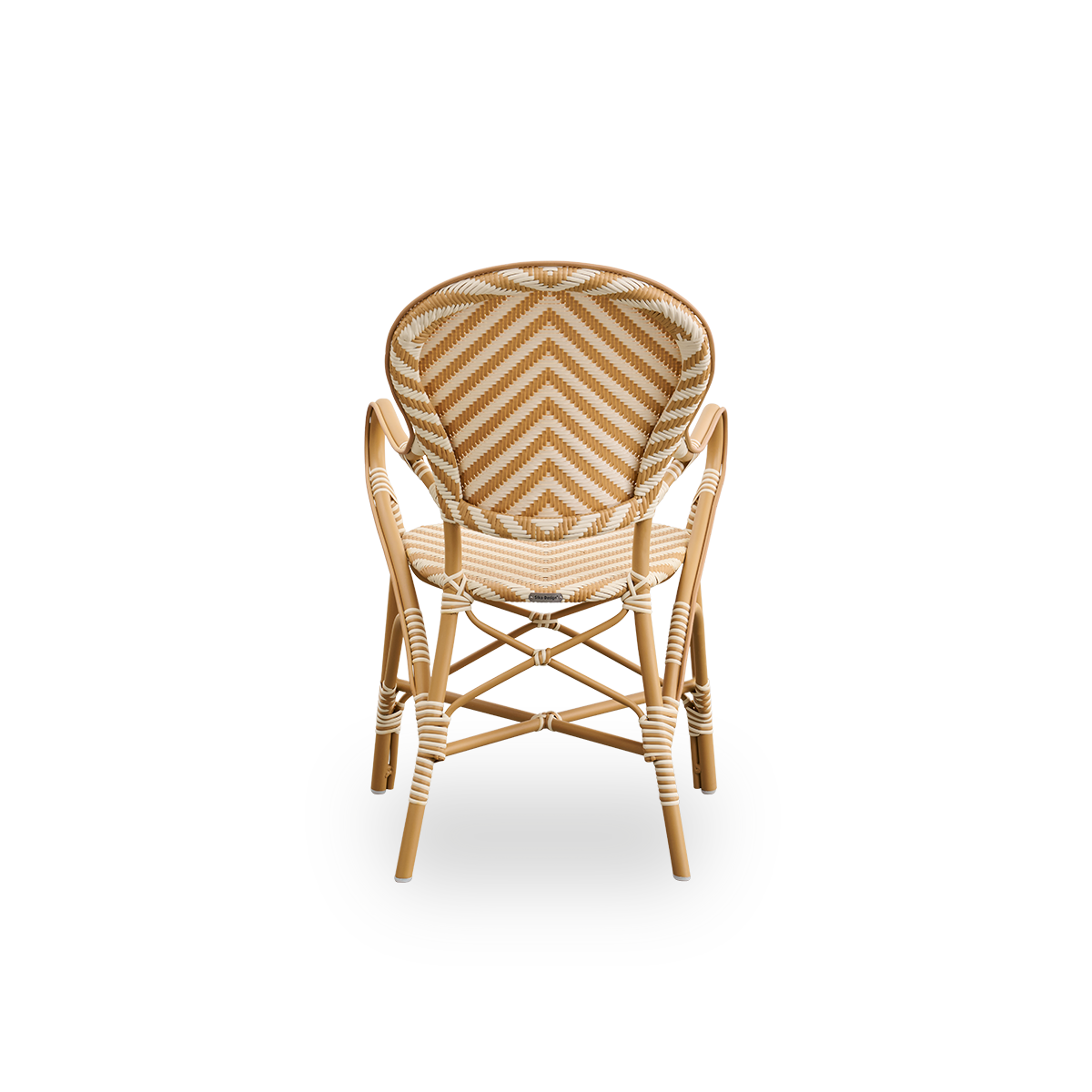 Plain back view of Isabell outdoor dining armchair. Almond colored aluminium frame with seat and backrest made in ArtFibre in ivory and honey colored herringbone pattern.