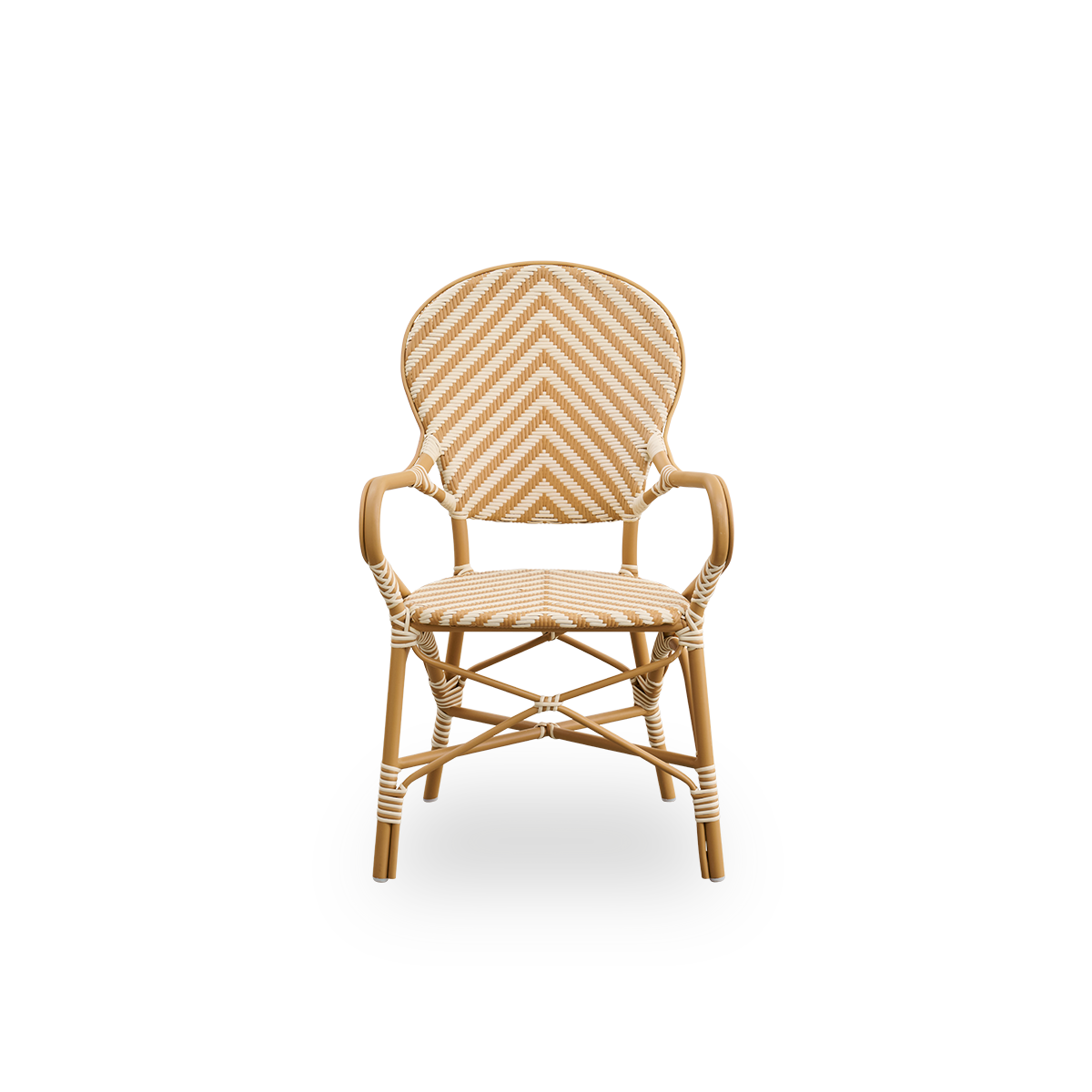 Front view of the Isabell outdoor dining armchair.
Almond-colored aluminium frame with seat and backrest made in ArtFibre in an ivory and honey-colored herringbone pattern.