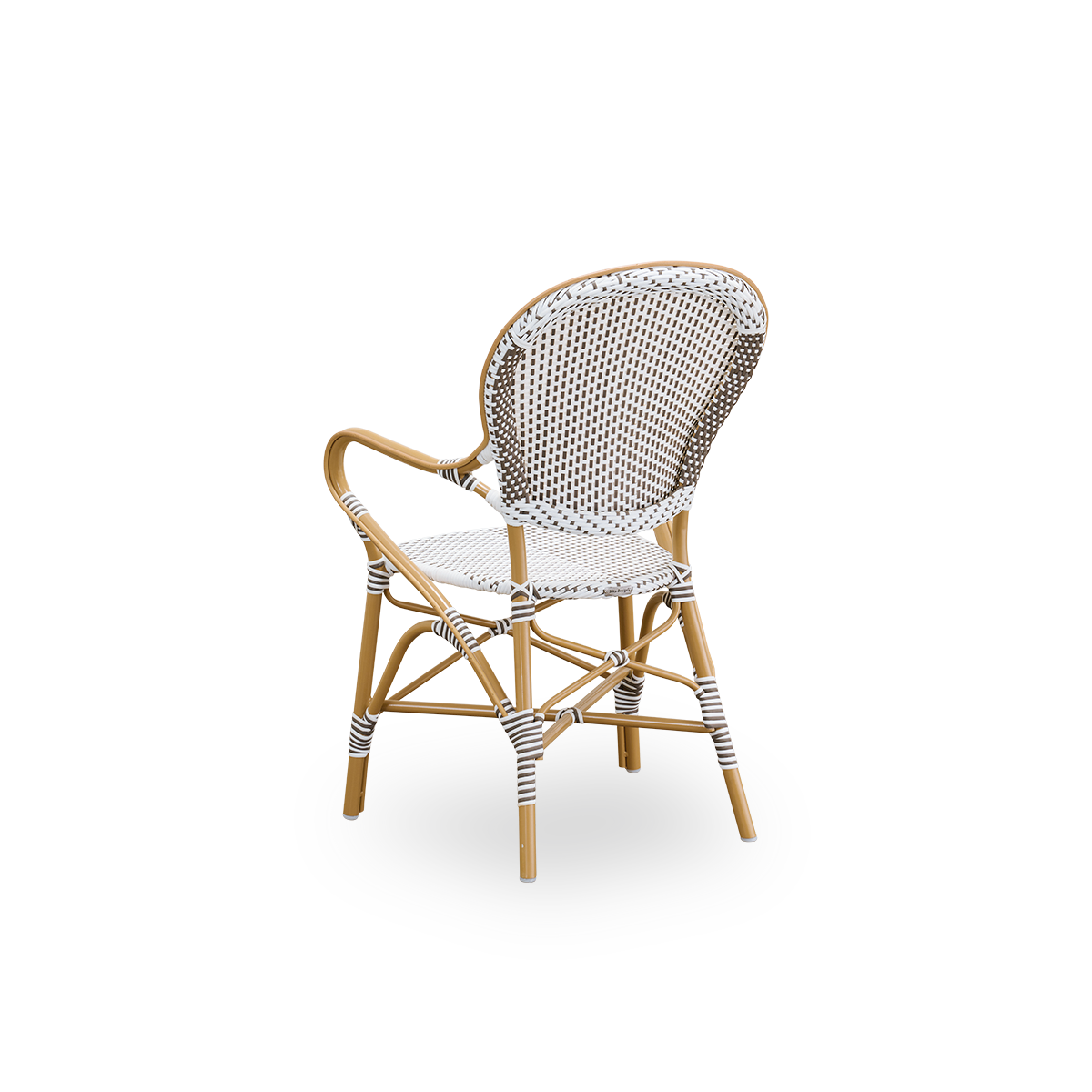 Back side view of the Isabell outdoor dining armchair.
Almond-colored aluminum frame with seat and backrest made in white ArtFibre with brown dots. Inspired by 1950s bistro design.