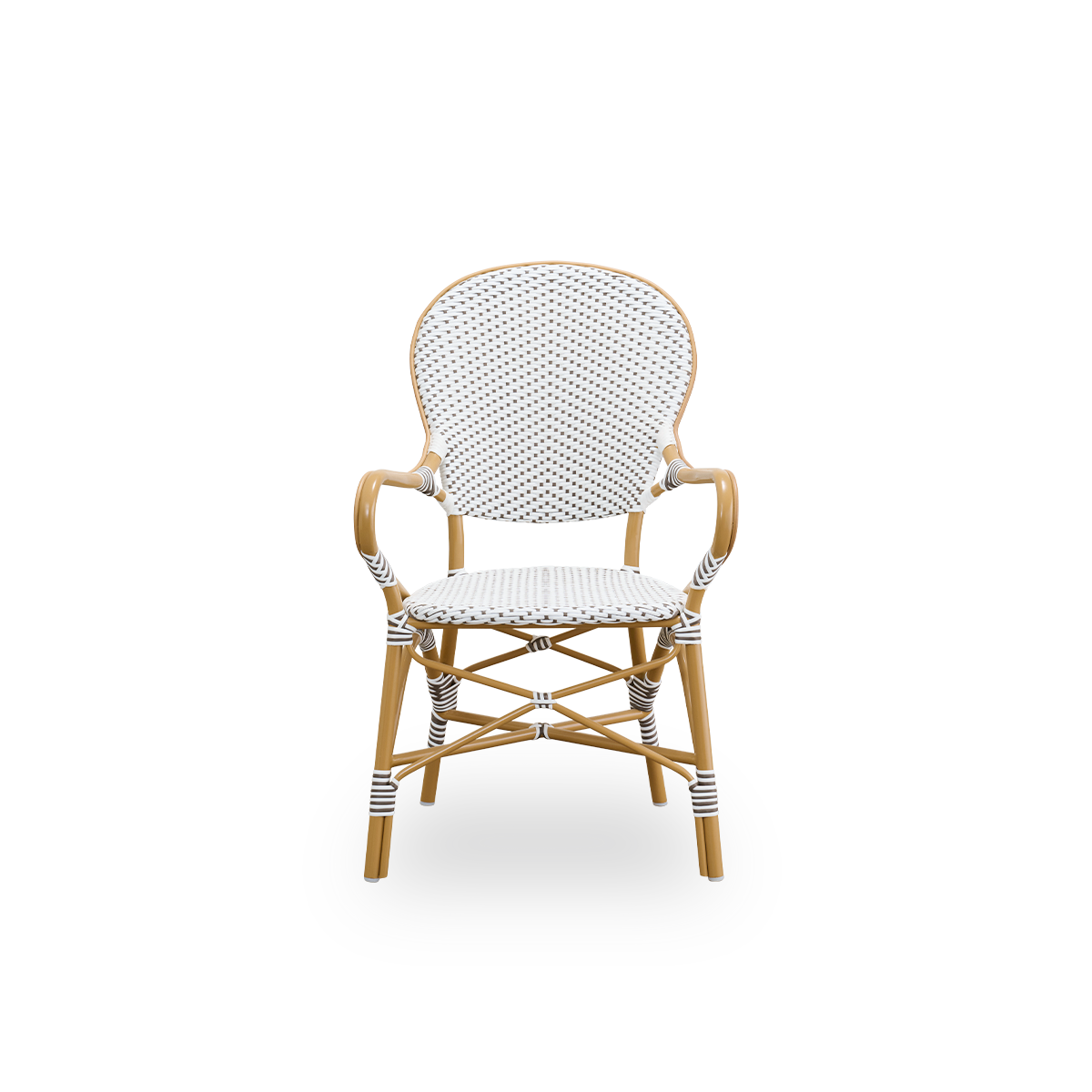 Front view of the Isabell outdoor dining armchair.
Almond-colored aluminium frame with seat and backrest made in white ArtFibre with brown dots. Inspired by 1950s bistro design.
