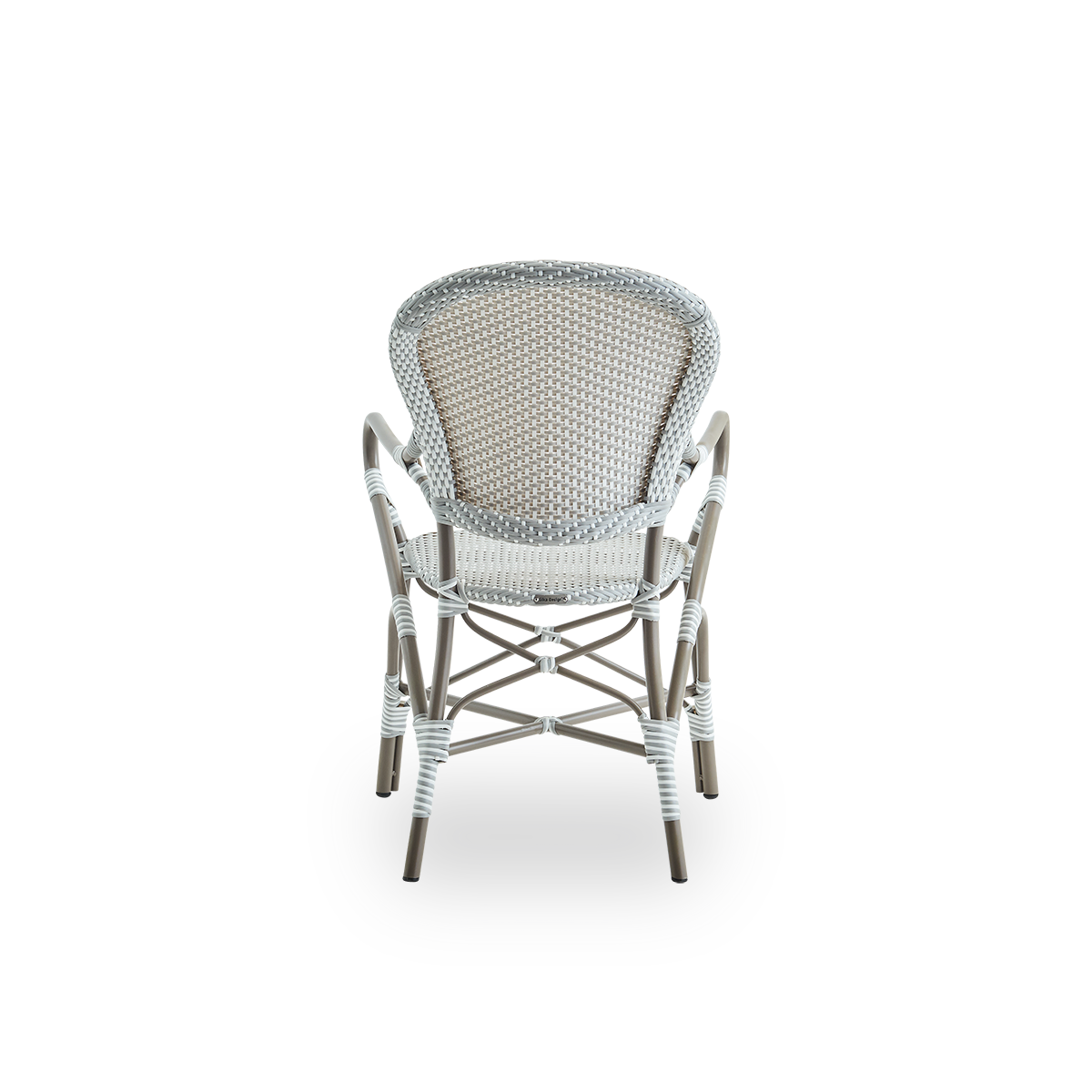 Plain back view of Isabell outdoor dining armchair. Taupe aluminium frame with seat and backrest made in grey ArtFibre with white dots. Inspired by 1950s bistro design.