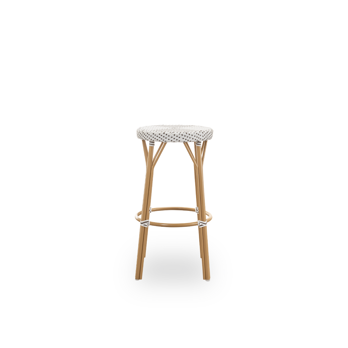 Plain side view of Simone outdoor barstool height 78 cm. Aluminium frame in Almond color with footrest, with fully woven round seat handcrafted in ArtFibre in white with brown dots pattern. Stackable barstool.