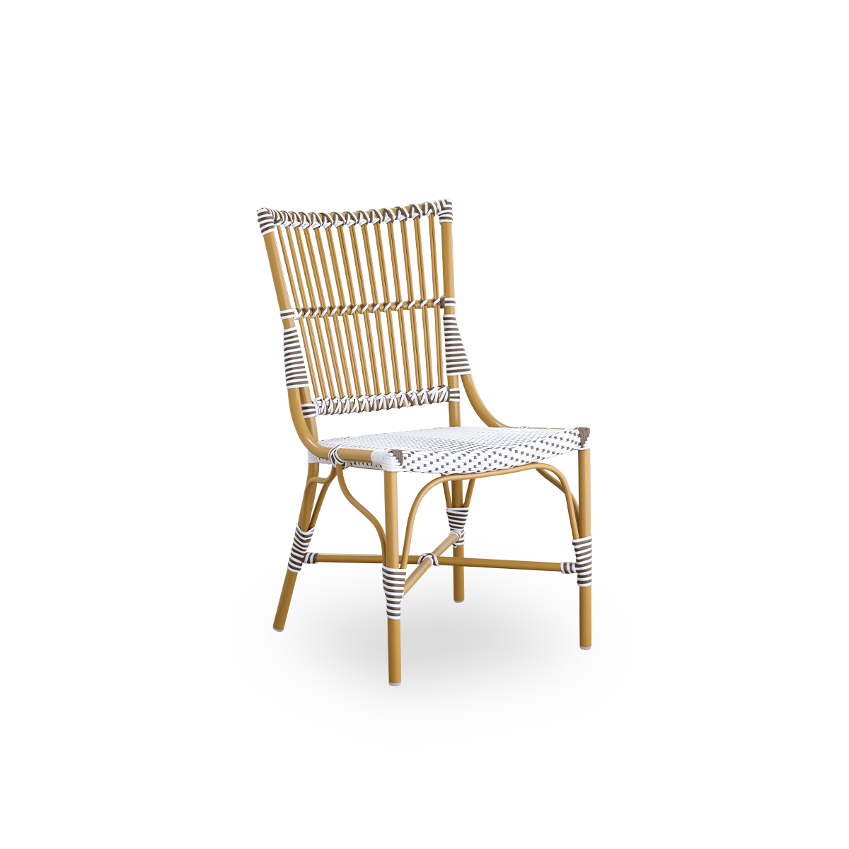 Side view of Monique outdoor dining chair. Aluminium frame in almond color with seat woven with ArtFibre in white with brown dots. Inspired by 1950s bistro design.