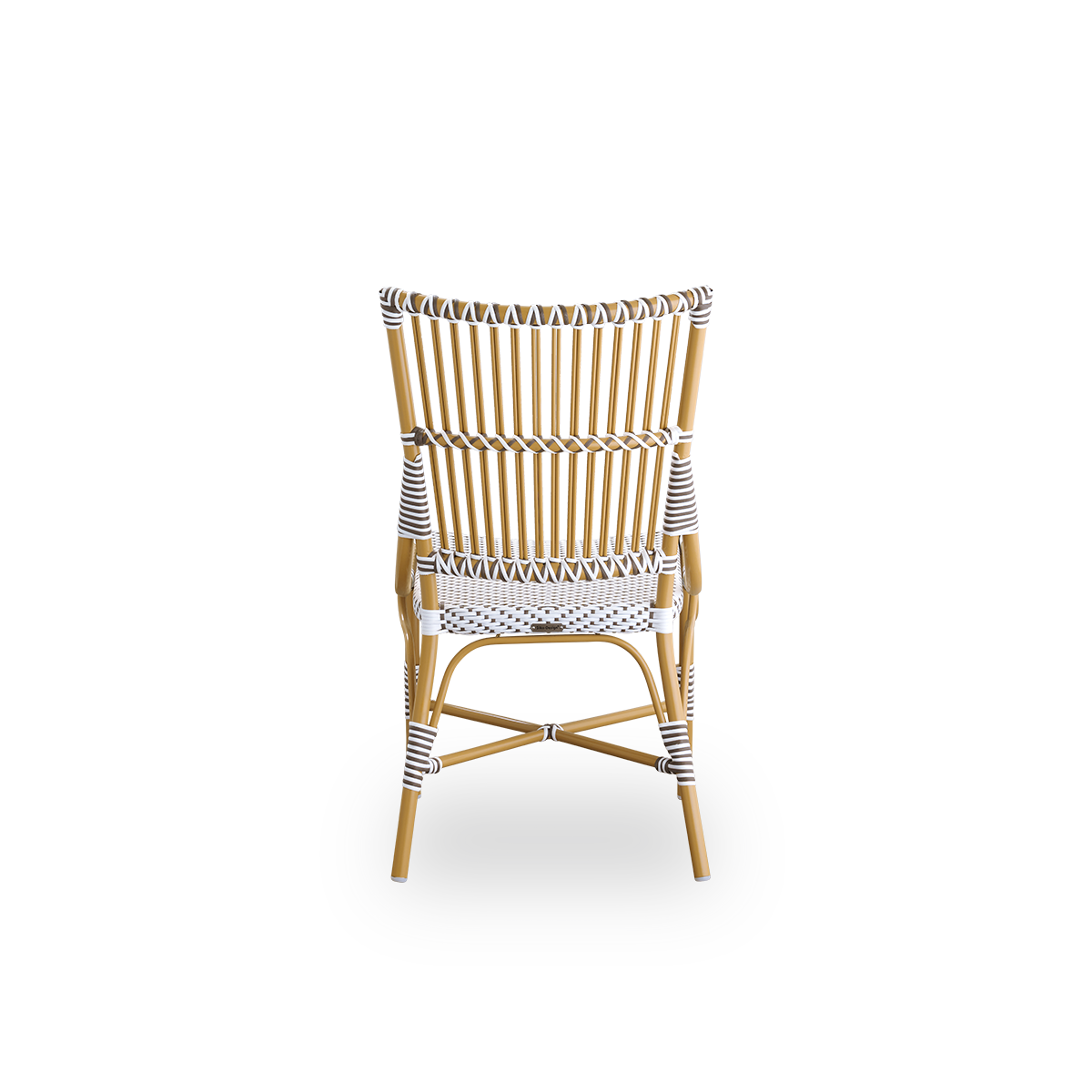 Plain back view of Monique outdoor dining chair. Aluminium frame in almond color with seat woven with ArtFibre in white with brown dots. Inspired by 1950s bistro design.