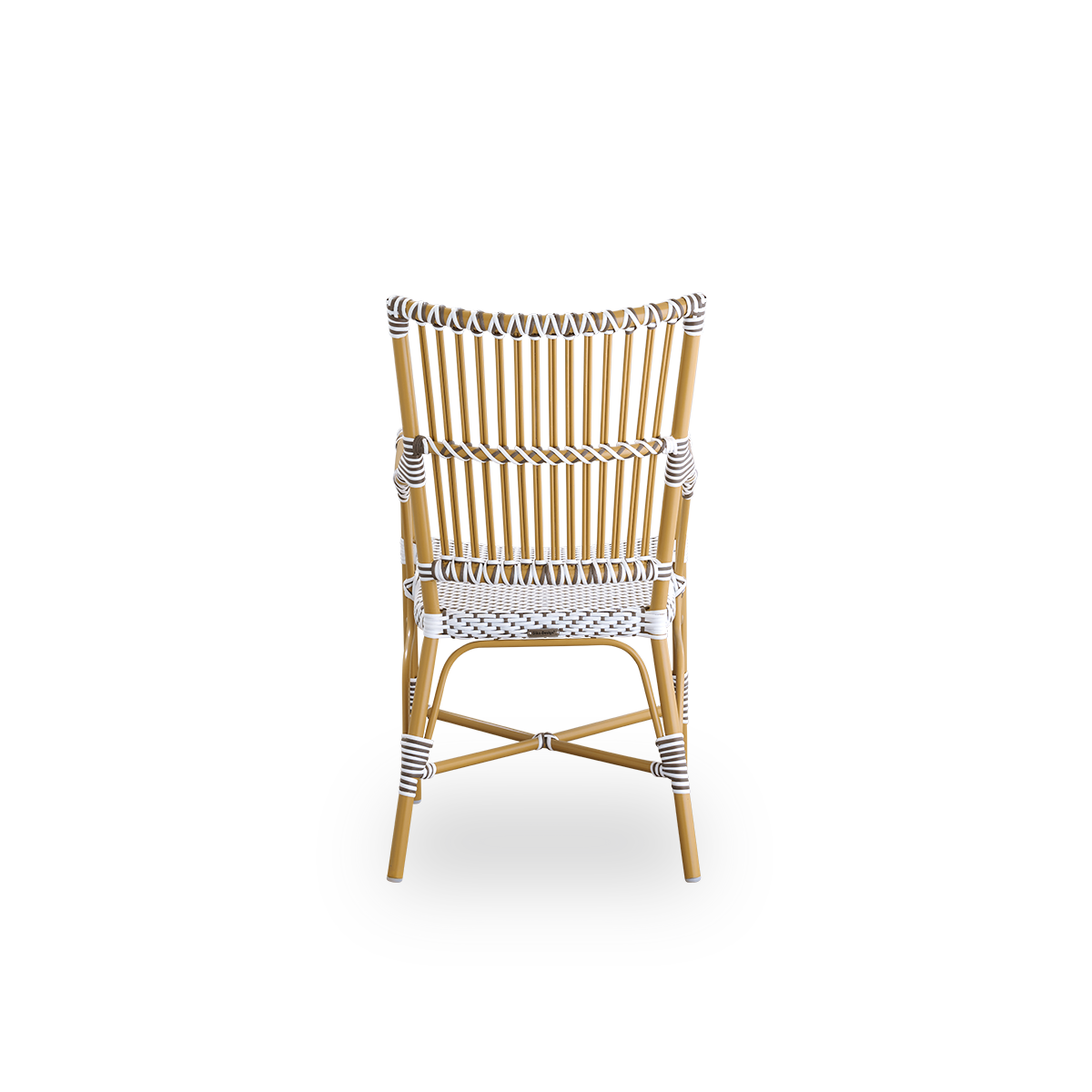 Plain back view of Monique outdoor dining armchair. Aluminium frame in almond color with seat woven with ArtFibre in white with brown dots. Inspired by 1950s bistro design.