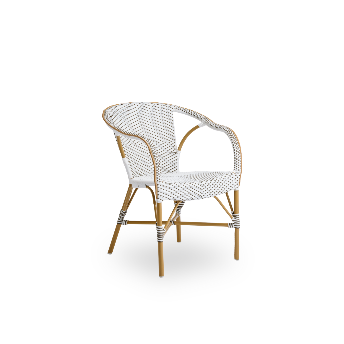 Side view of Madeleine outdoor dining armchair. Aluminium frame in almond color with seat and backrest woven with ArtFibre in brown with white dots.