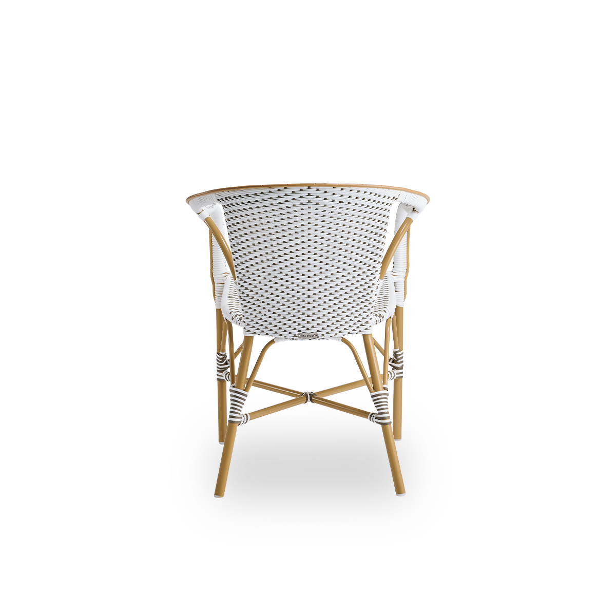 Plain back view of Madeleine outdoor dining armchair. Aluminium frame in almond color with seat and backrest woven with ArtFibre in brown with white dots.