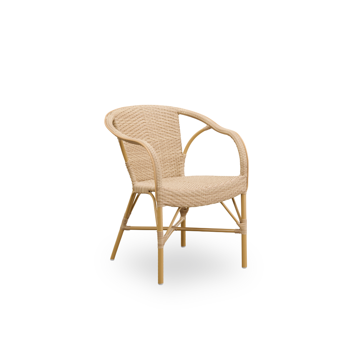 Side view of Madeleine outdoor dining armchair. Aluminium frame in almond color with seat and backrest woven with ArtFibre in natural color.