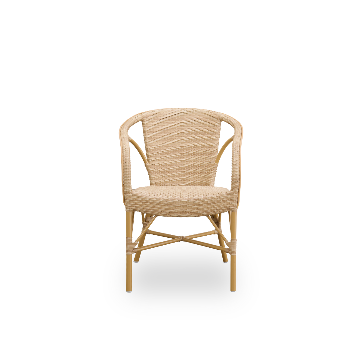 Front view of the Madeleine outdoor dining armchair.
Aluminium frame in almond color with seat and backrest woven with ArtFibre in natural color.