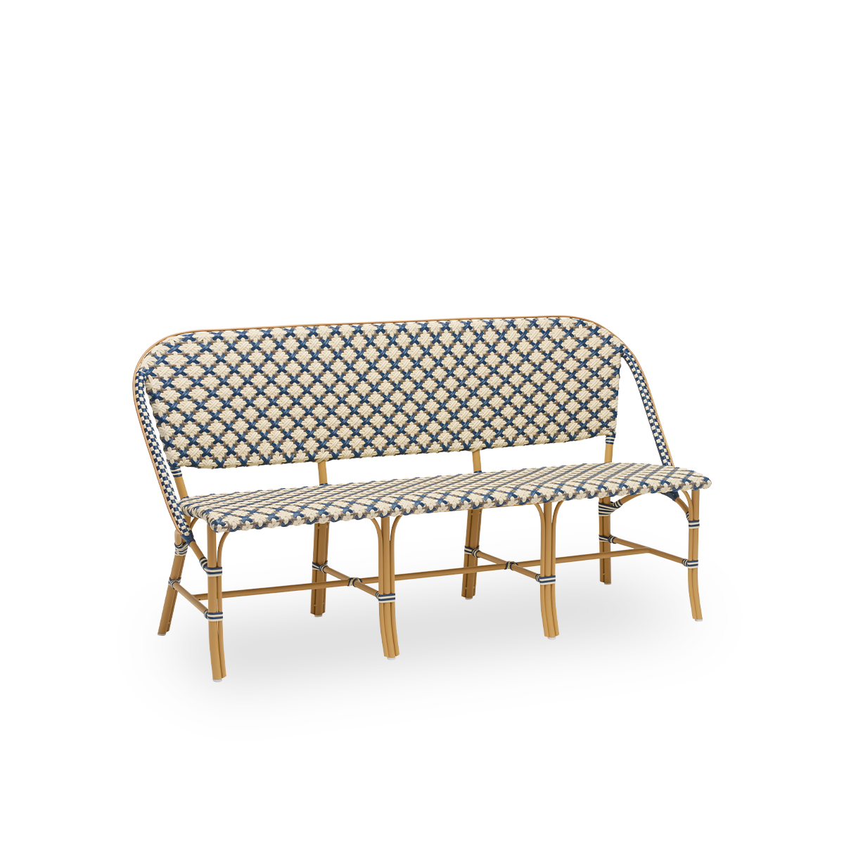 This is a close-up image of Sofie in almond aluminium frame starweave ivory navy blue cappuccino artfibre.