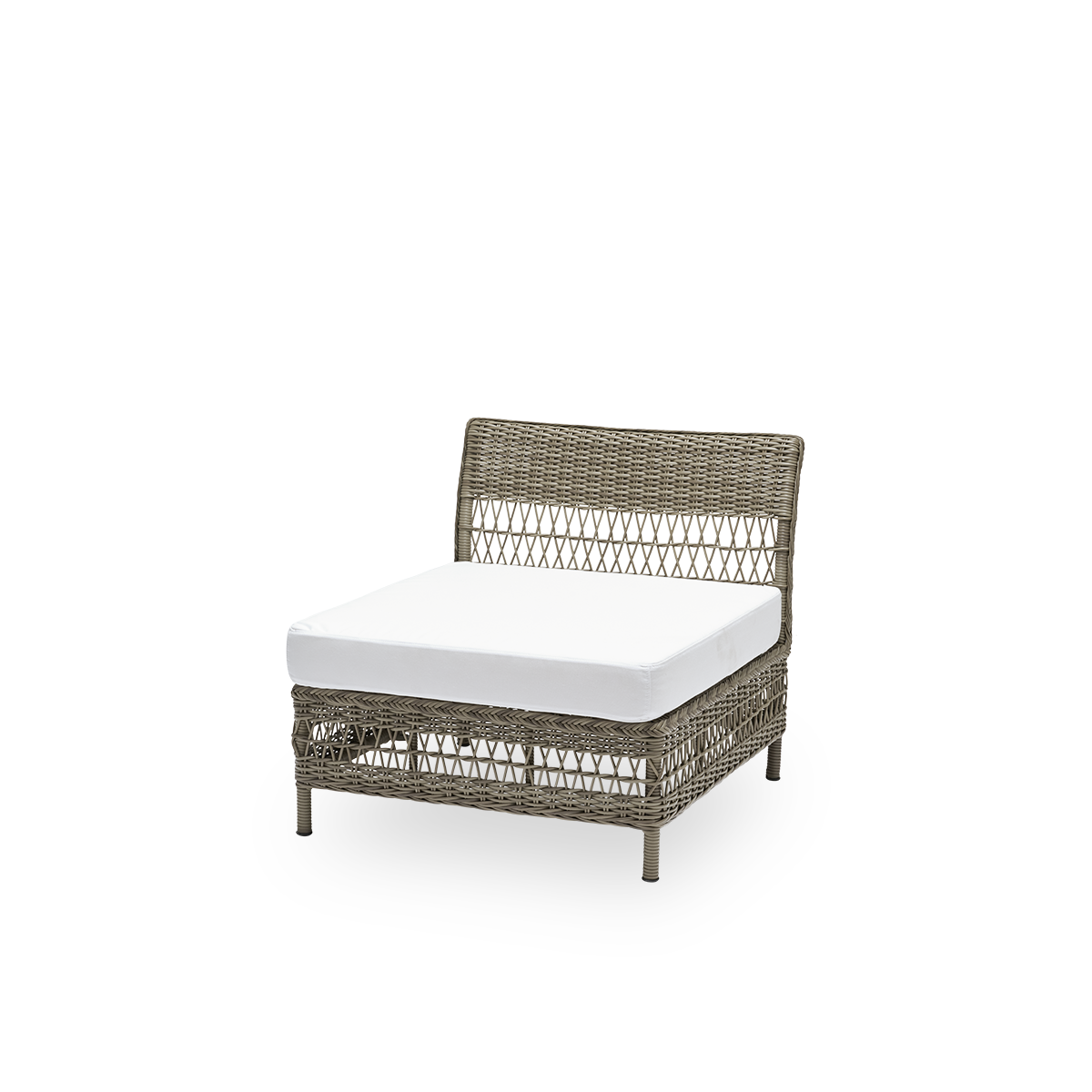 Side view of the Mona exterior sofa, center module with seat cushion, in antique grey ArtFibre and aluminium. Part of the Mona modular sofa, which adapts to the shape of the outdoor space it stands in.