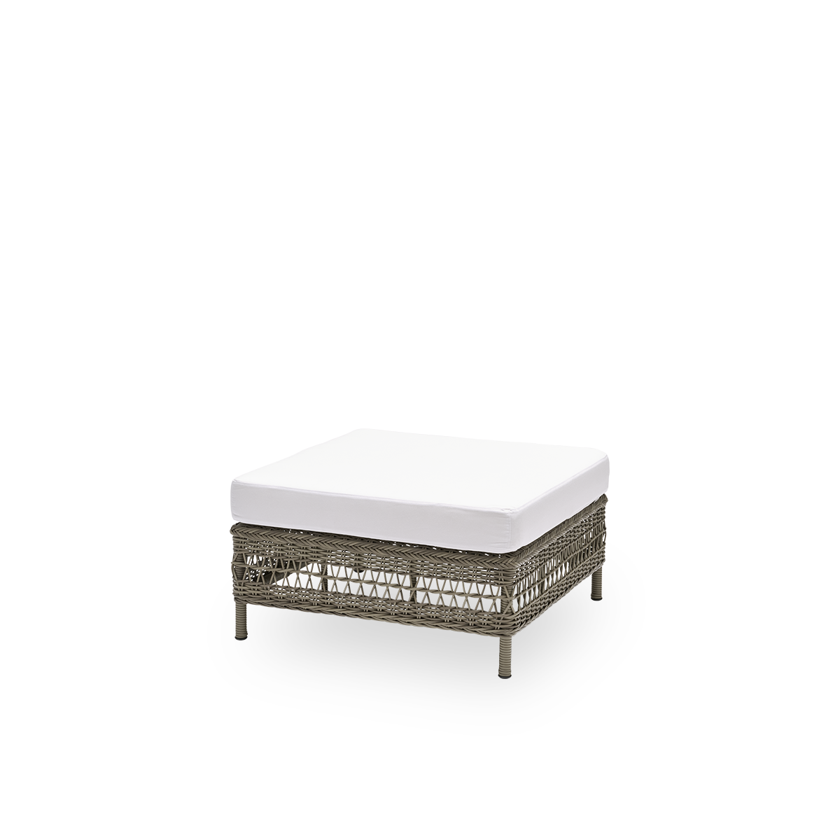 Side view of the Mona exterior sofa, pouf module with seat cushion, in antique grey ArtFibre and aluminium. Part of the Mona modular sofa, usable as a footstool, an extra seat or a low table.