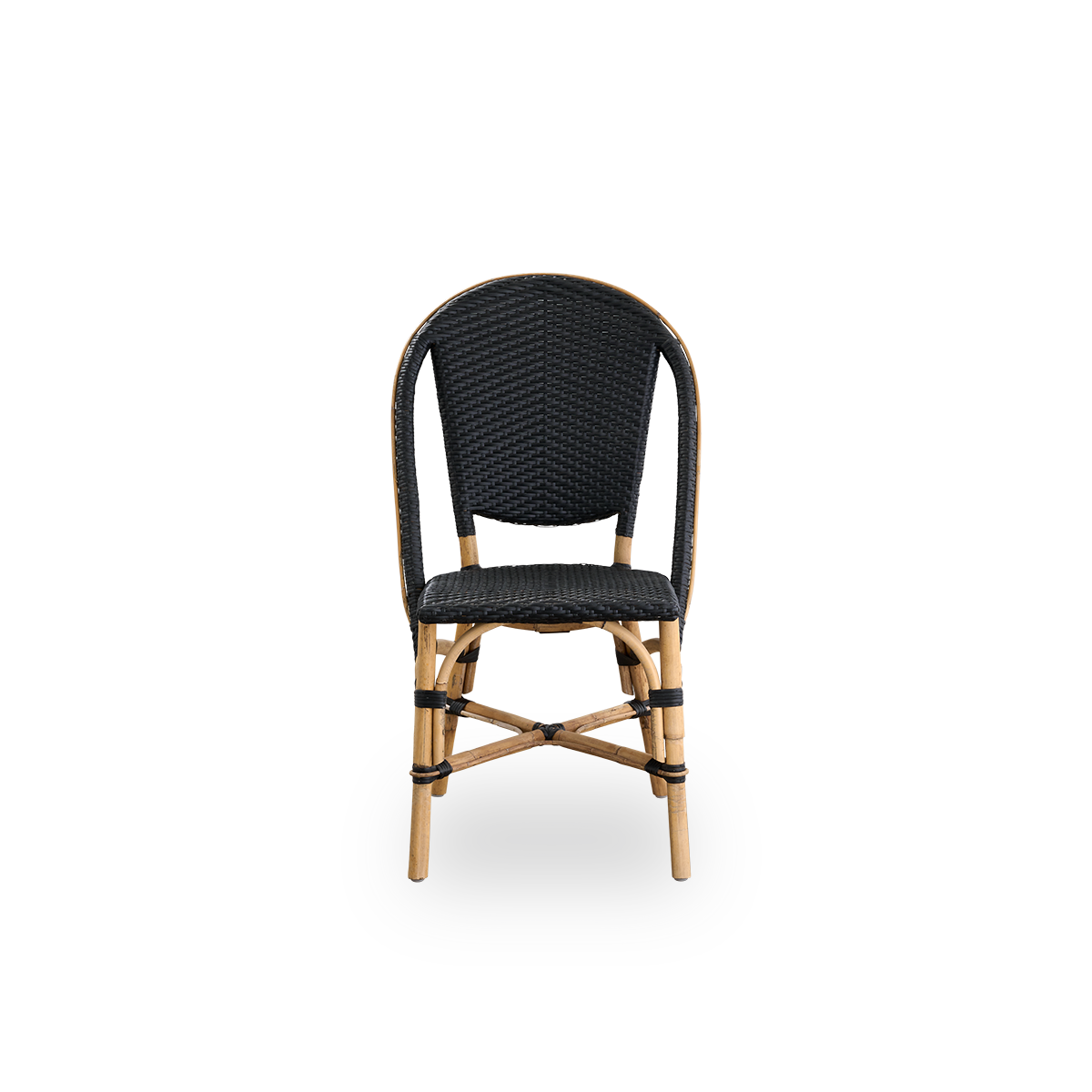 Front view of the Sofie rattan dining chair inspired by French café style.
Rattan frame with fully woven seat and backrest handcrafted in ArtFibre in black color. Stackable rattan bistro chair.
