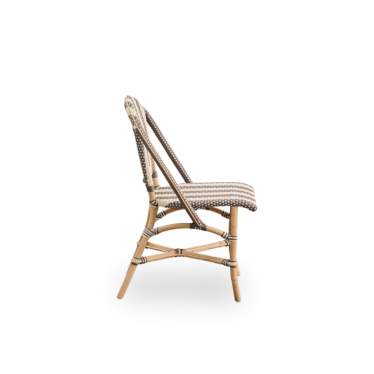 Plain side view of Sofie rattan dining chair inspired by French café style. Aluminium frame in Almond color with fully woven seat- and backrest handcrafted in ArtFibre in broad striped pattern in Ivory and brown.