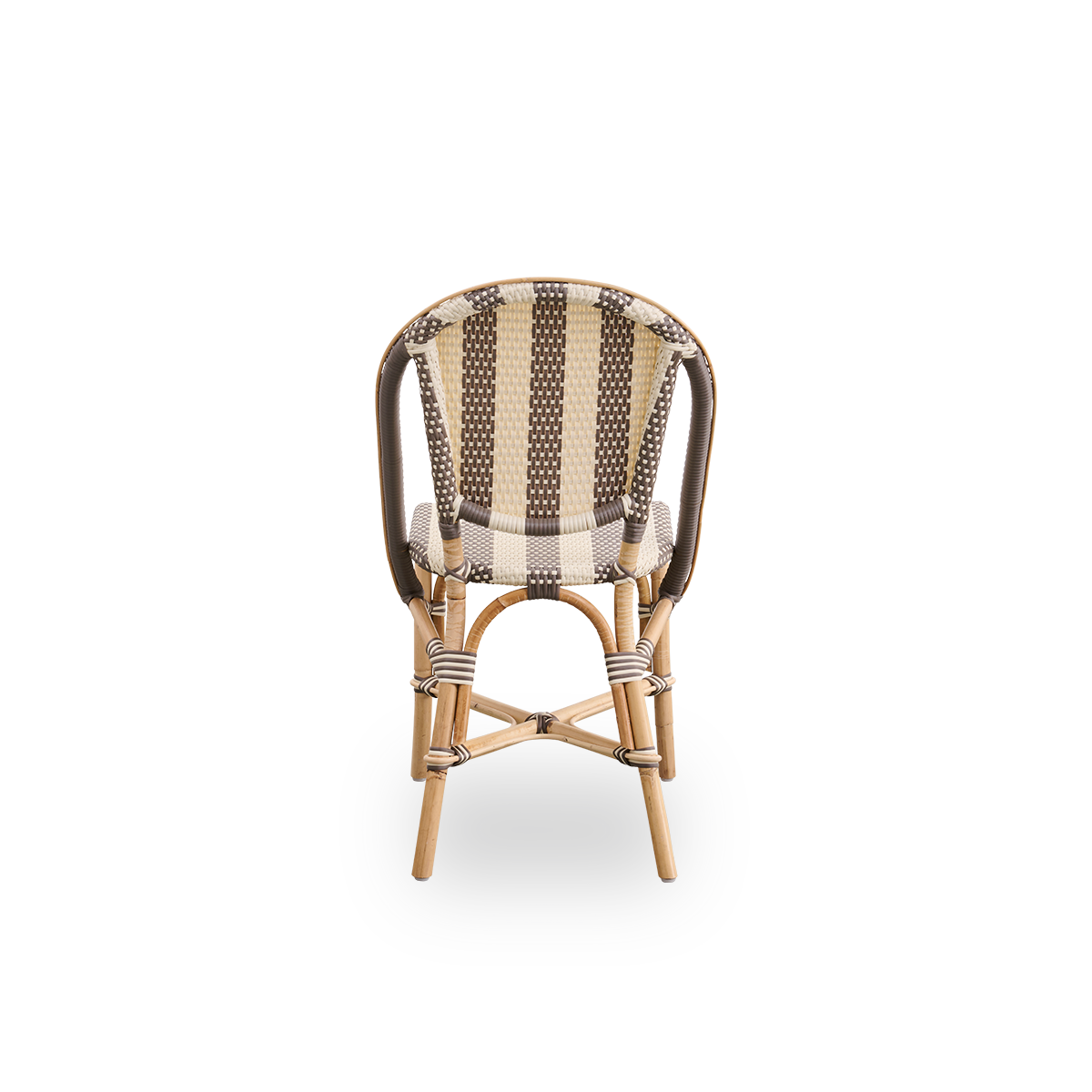 Plain back view of Sofie rattan dining chair inspired by French café style. Aluminium frame in Almond color with fully woven seat and backrest handcrafted in ArtFibre in broad striped pattern in Ivory and brown.