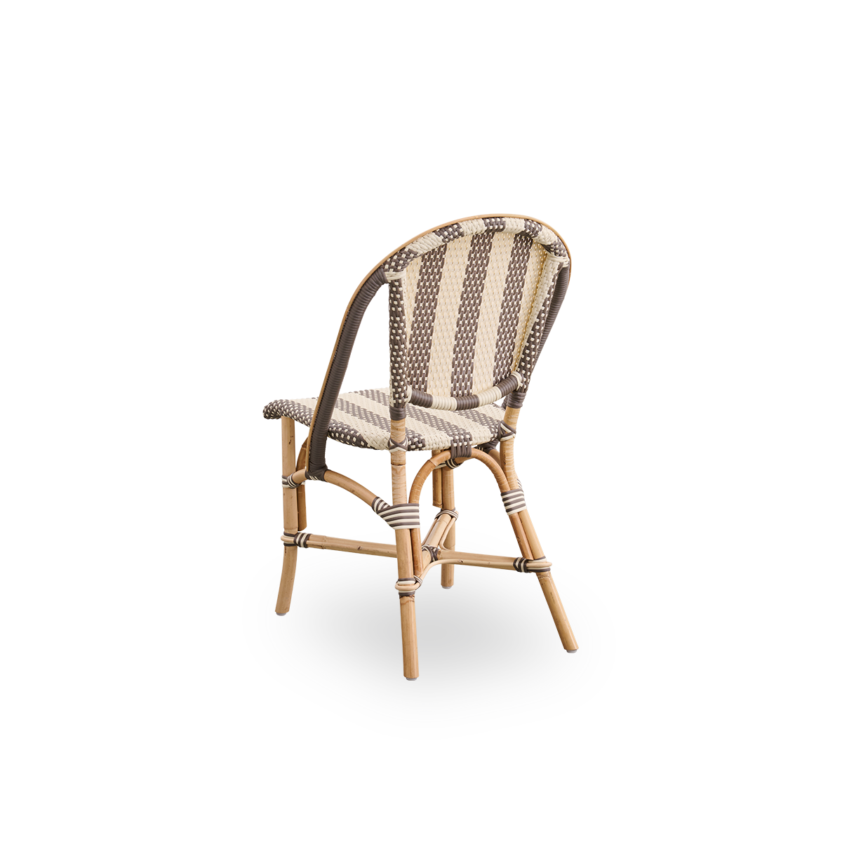Back side view of the Sofie rattan dining chair inspired by French café style.
Aluminum frame in almond color with fully woven seat and backrest handcrafted in ArtFibre in broad striped pattern in ivory and brown.