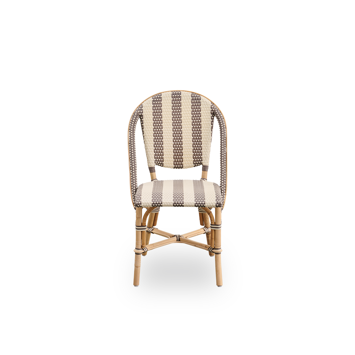Front view of the Sofie rattan dining chair inspired by French café style.
Aluminum frame in almond color with fully woven seat and backrest handcrafted in ArtFibre in a broad striped pattern in ivory and brown.