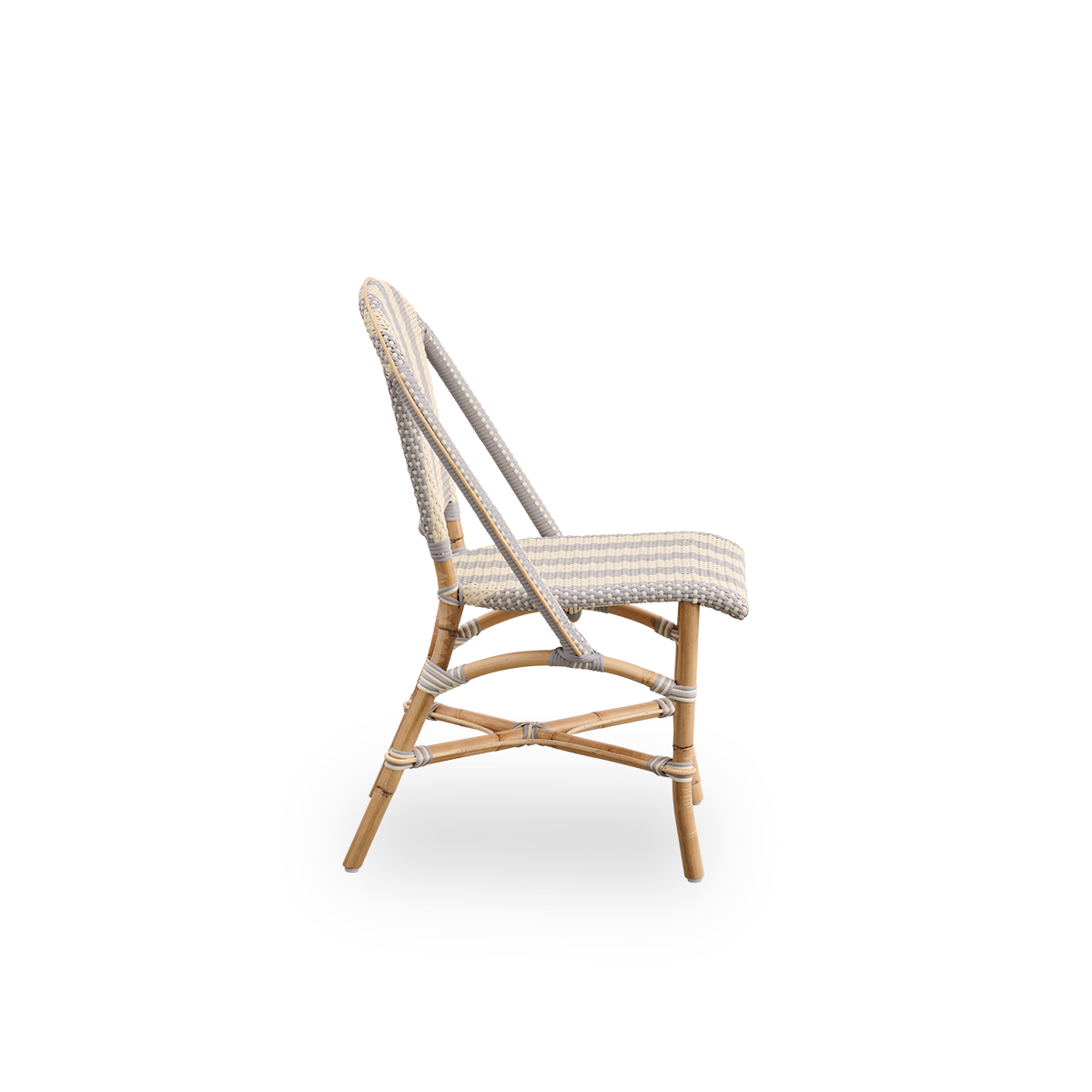 Plain side view of Sofie rattan dining chair inspired by French café style. Rattan frame with fully woven seat- and backrest handcrafted in ArtFibre in broad striped pattern in Ivory and Grey. Stackable rattan bistro chair.
