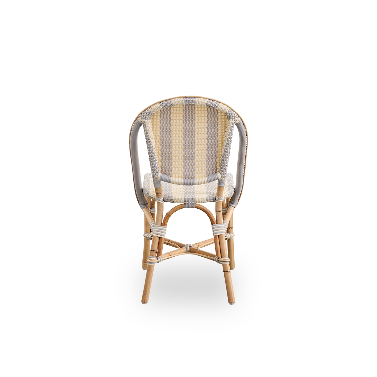 Plain back view of Sofie rattan dining chair inspired by French café style. Rattan frame with fully woven seat and backrest handcrafted in ArtFibre in broad striped pattern in Ivory and Grey. Stackable rattan bistro chair.
