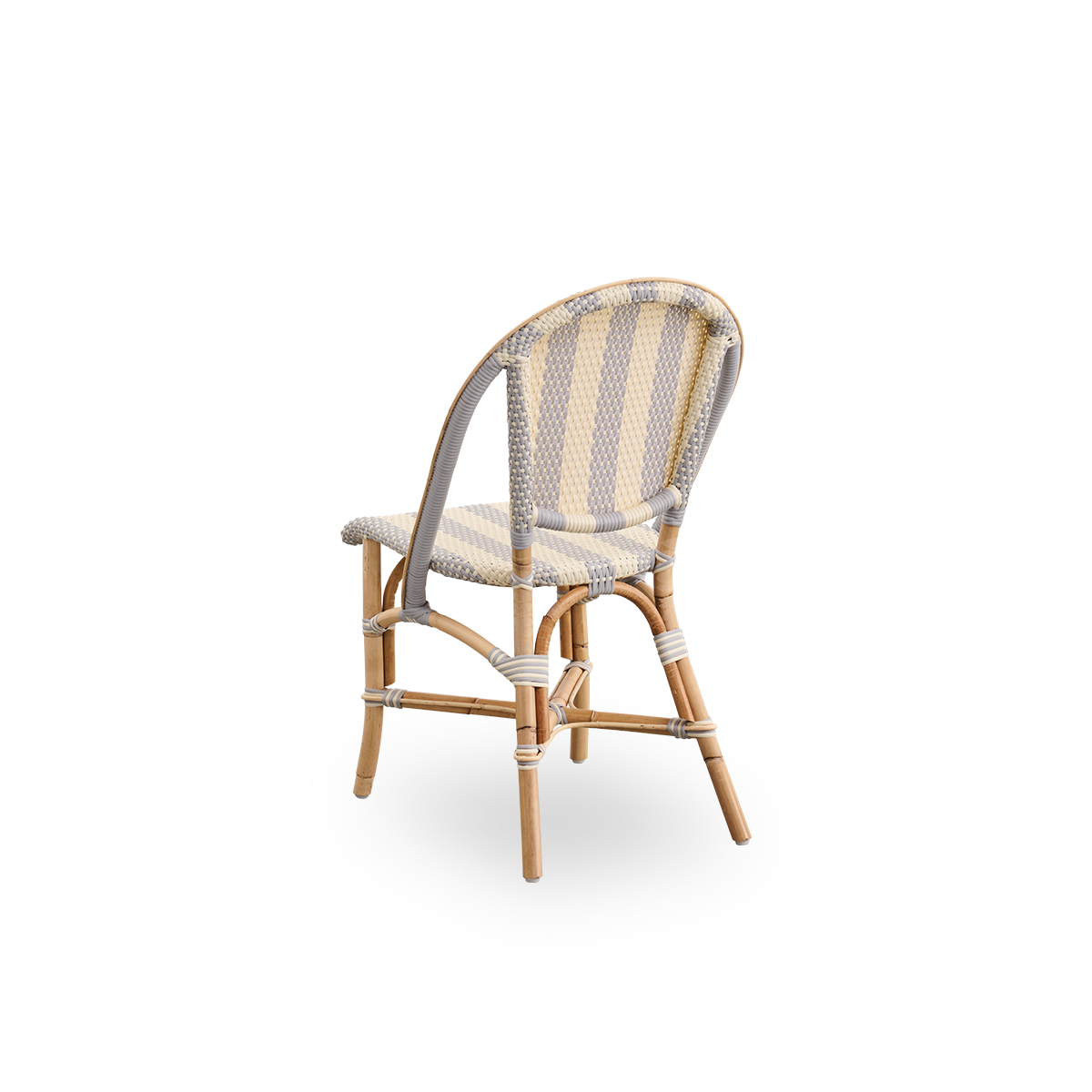 Back side view of the Sofie rattan dining chair inspired by French café style.
Rattan frame with fully woven seat and backrest handcrafted in ArtFibre in broad striped pattern in ivory and grey. Stackable rattan bistro chair.