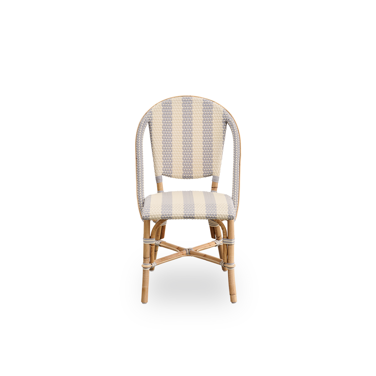 Front view of the Sofie rattan dining chair inspired by French café style.
Rattan frame with fully woven seat and backrest handcrafted in ArtFibre in a broad striped pattern in ivory and grey. Stackable rattan bistro chair.
