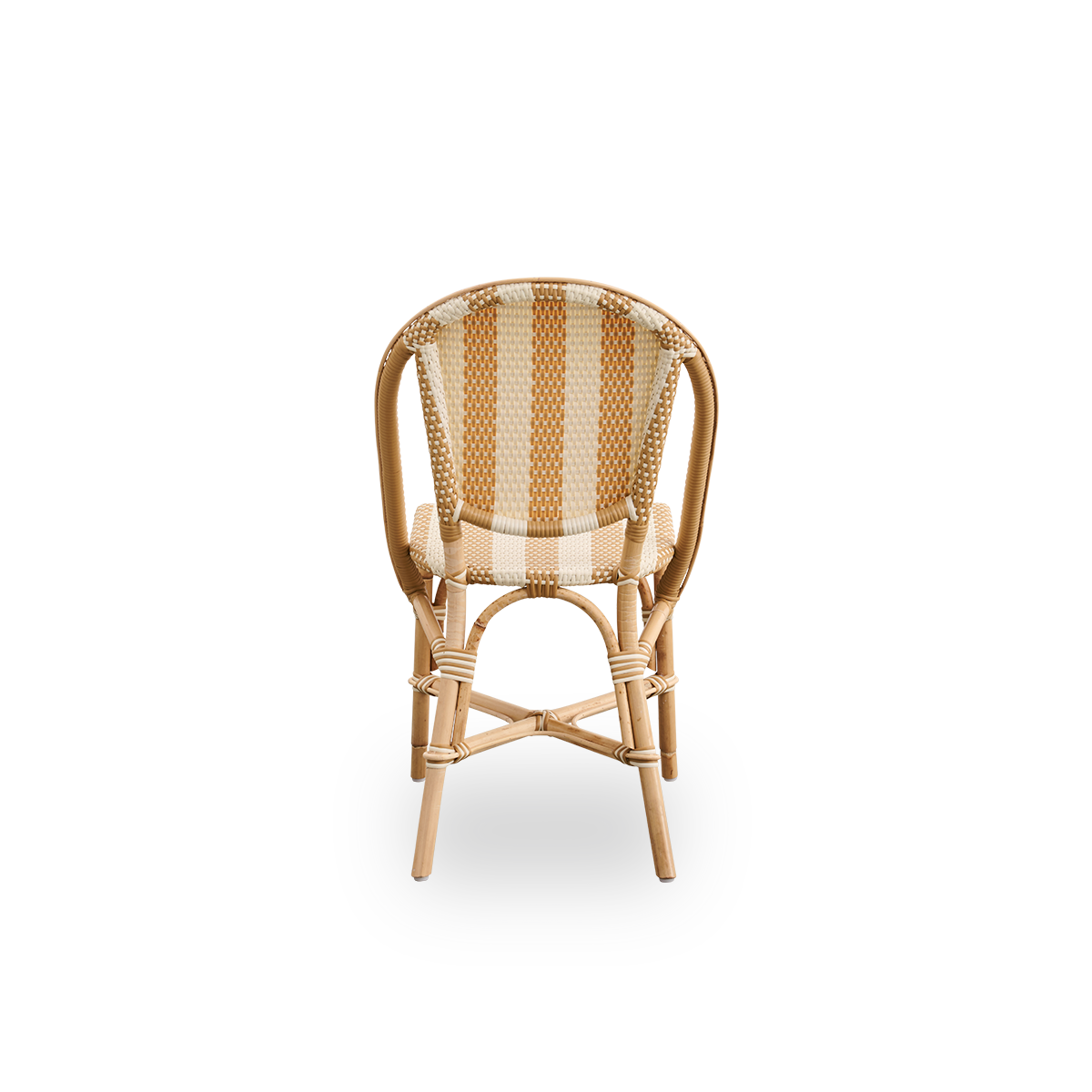 Plain back view of Sofie rattan dining chair inspired by French café style. Rattan frame with fully woven seat and backrest handcrafted in ArtFibre in broad striped pattern in Ivory and Honey. Stackable rattan bistro chair.