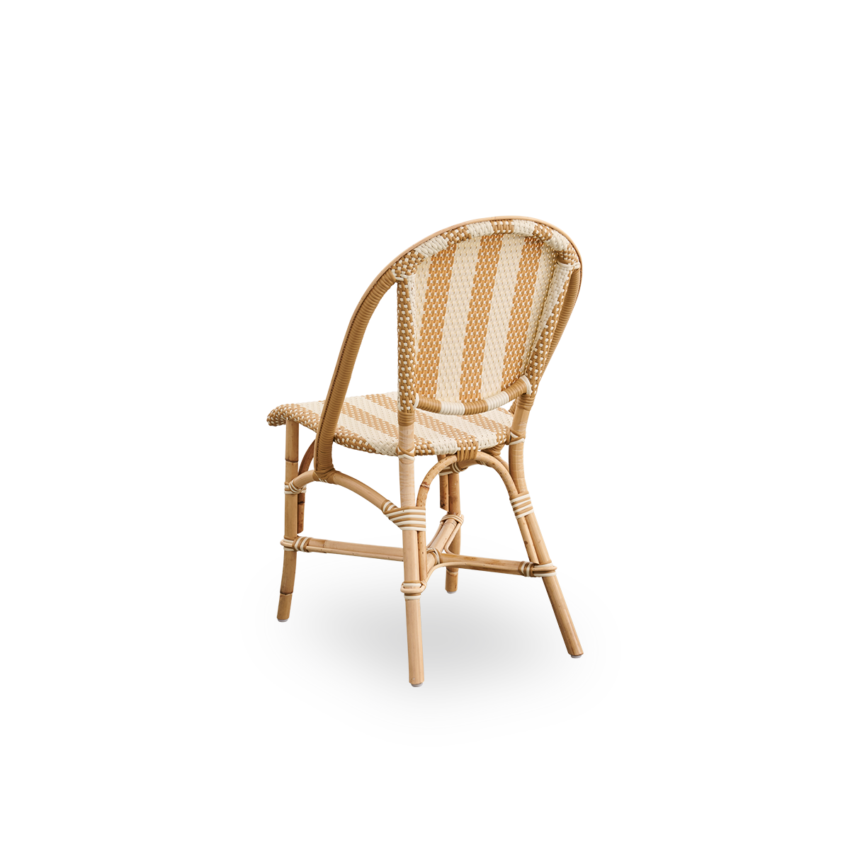 Back side view of the Sofie rattan dining chair inspired by French café style.
Rattan frame with fully woven seat and backrest handcrafted in ArtFibre in broad striped pattern in ivory and honey. Stackable rattan bistro chair.