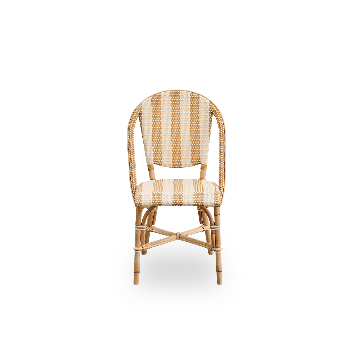 Front view of the Sofie rattan dining chair inspired by French café style.
Rattan frame with fully woven seat and backrest handcrafted in ArtFibre in a broad striped pattern in ivory and honey. Stackable rattan bistro chair.
