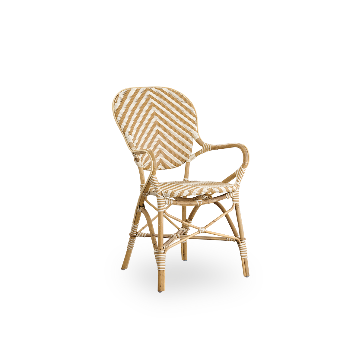Side view of Isabell dining chair with armrest. Rattan frame with seat and backrest made in ArtFibre in ivory and grey herringbone pattern. Inspired by 1950s bistro design.