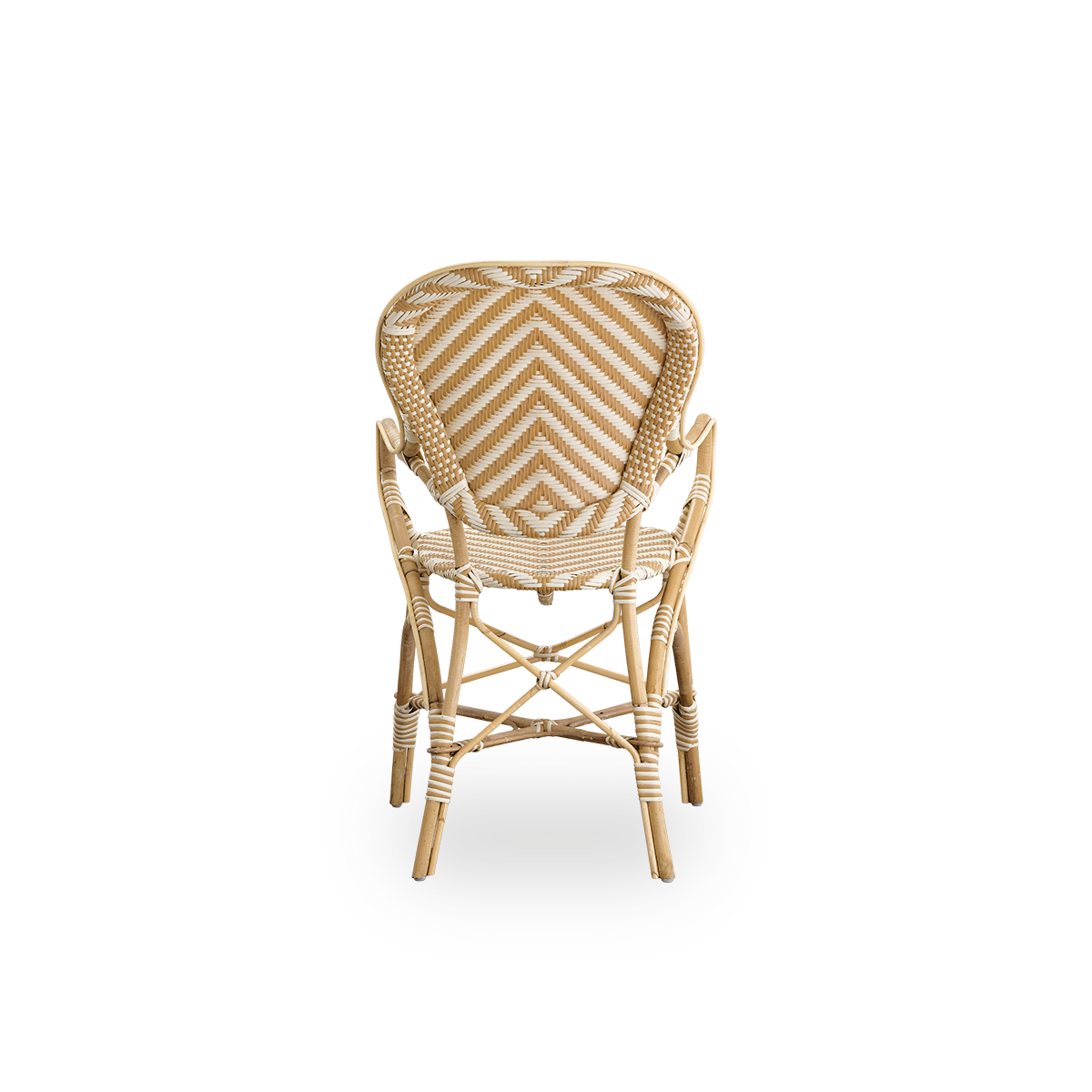 Plain back view of Isabell dining chair with armrest. Rattan frame with seat and backrest made in ArtFibre in ivory and grey herringbone pattern. Inspired by 1950s bistro design.