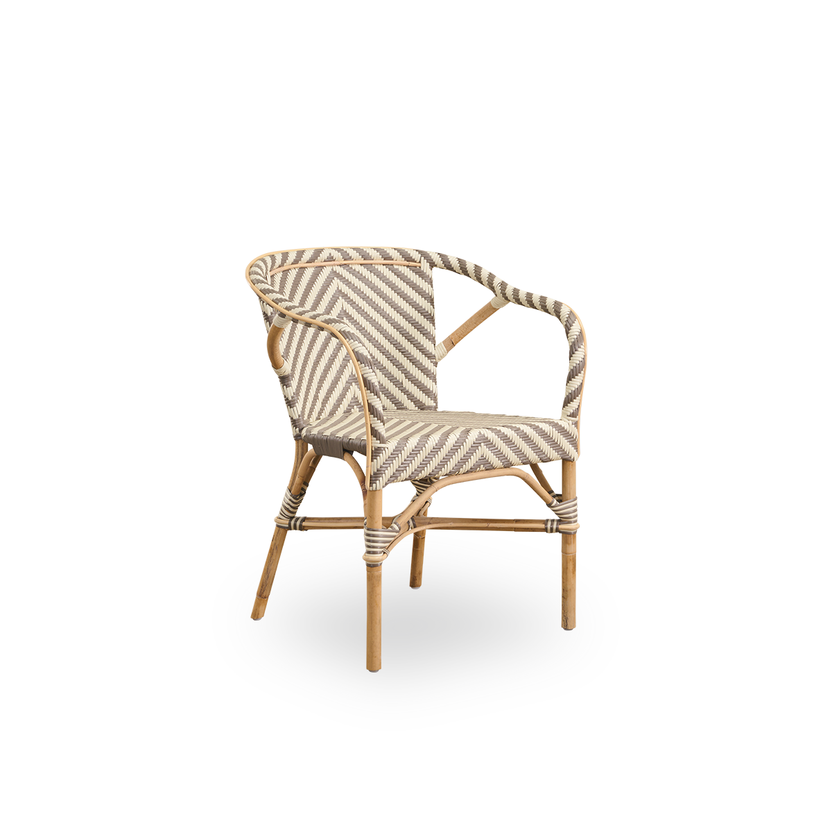 Side view of Madeleine dining armchair. Rattan frame with seat and backrest woven with ArtFibre in ivory and brown herringbone pattern. Inspired by 1950s bistro design.
