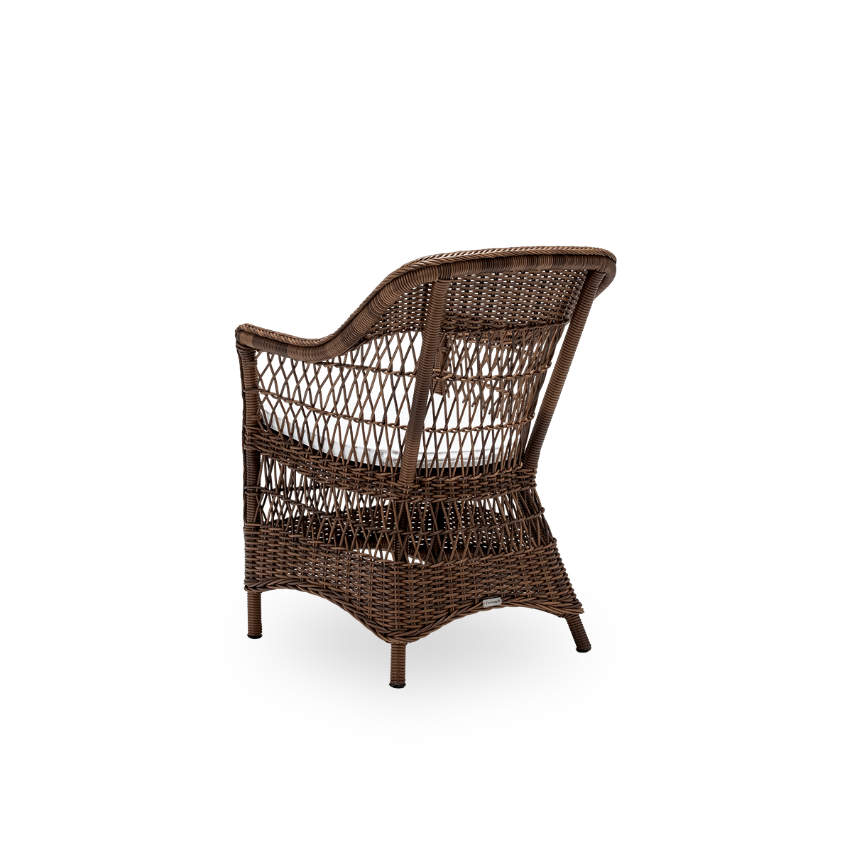Back side view of the Charlot exterior dining chair with seat cushion, in brown ArtFibre and aluminium. From Sika-Design's Georgia Garden collection, inspired by British colonial style and classic Danish wicker, with armrests and a high backrest.