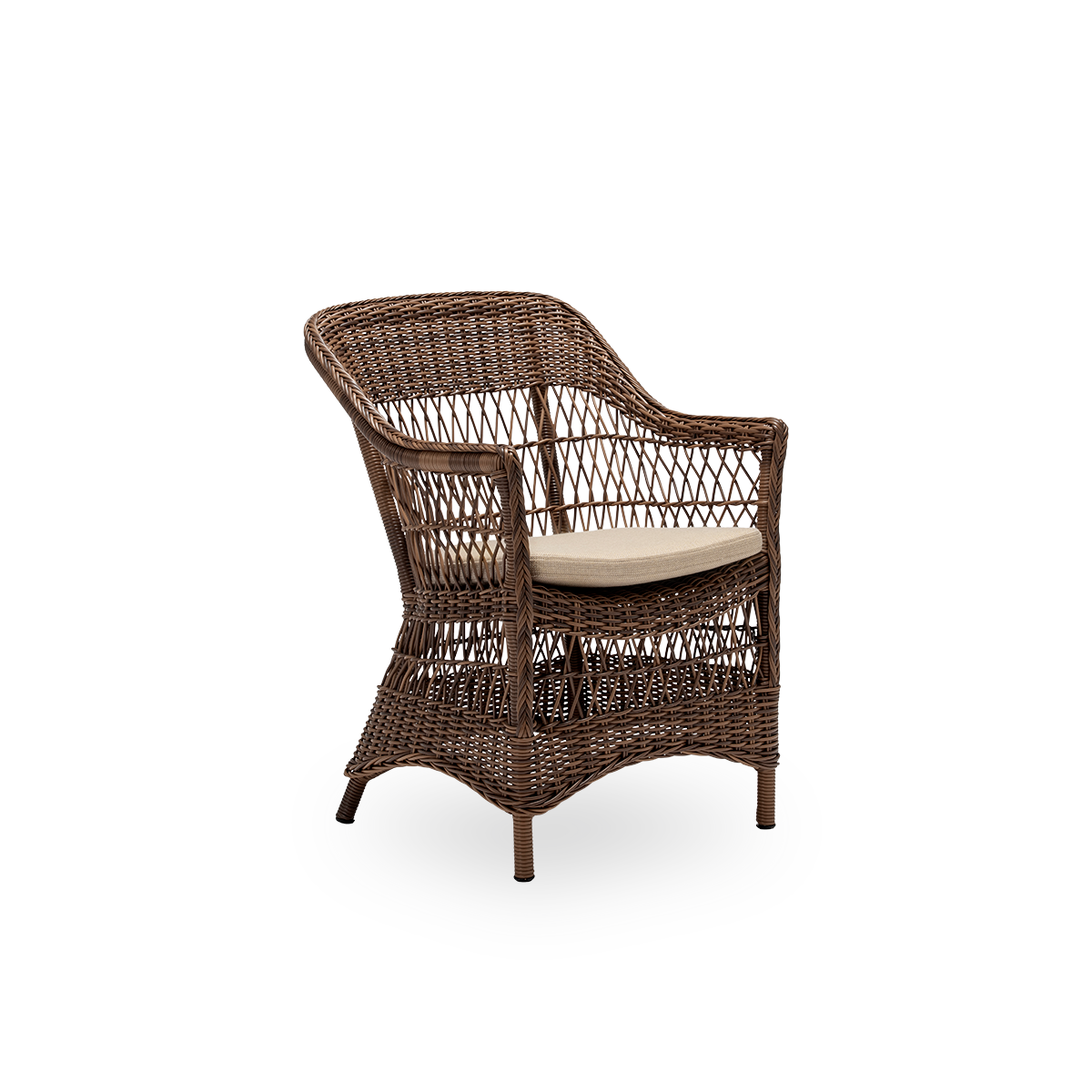 Side view of the Charlot exterior dining chair with cushions in an alternative fabric, in brown ArtFibre and aluminium.