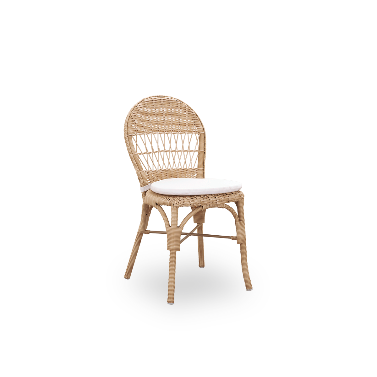 Side view of Ofelia outdoor dining chair in antique Natural color. A smaller dining chair without armrest made of aluminium frame fully woven with ArtFibre.
