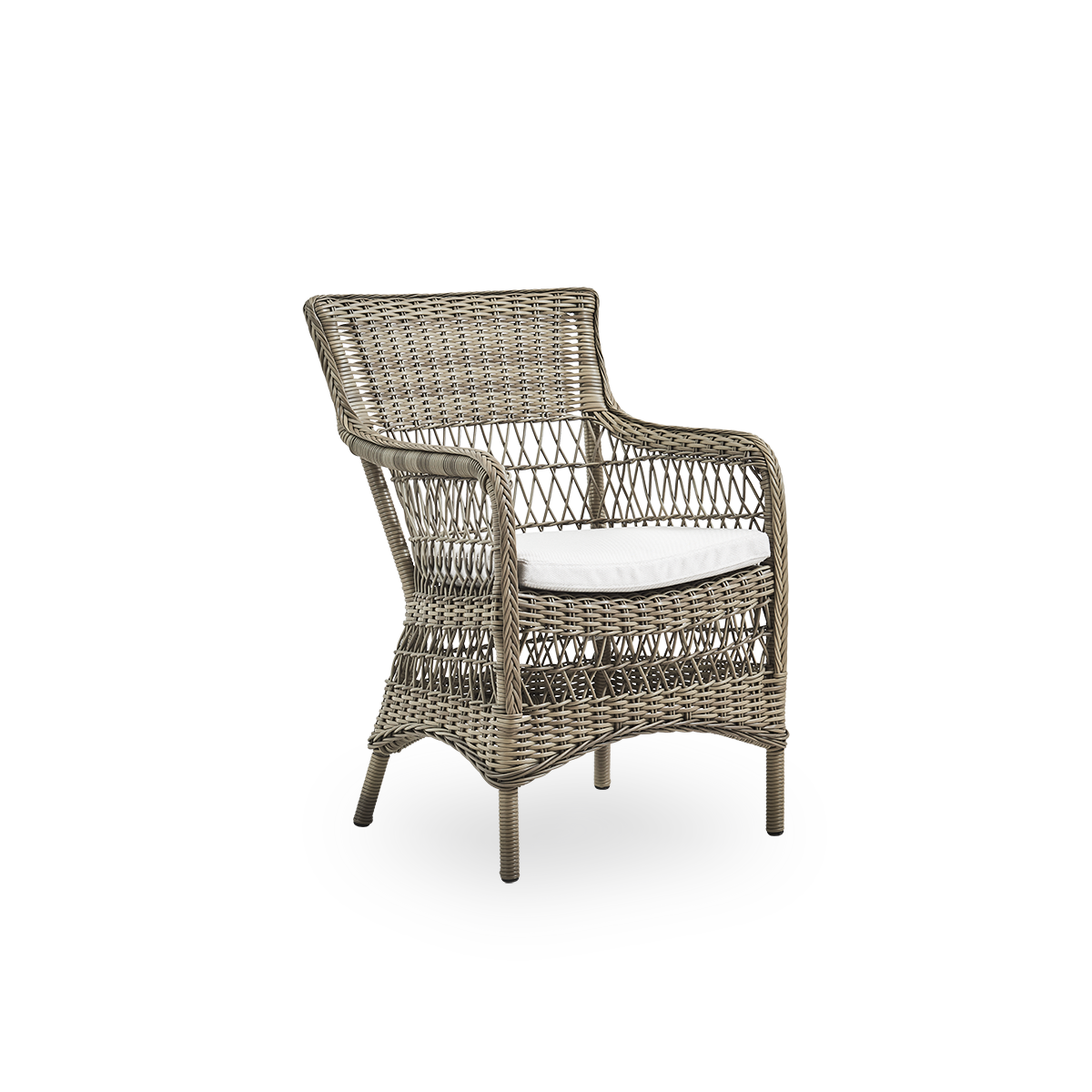 Side view of Marie outdoor dining chair with armrests presented in Antique grey color. Aluminum frame fully woven with ArtFibre inspired by British colonial style.